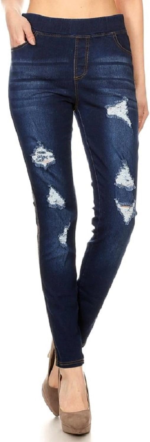 Women’s Stretch Denim Pull On Jeans With Pockets – Ripped