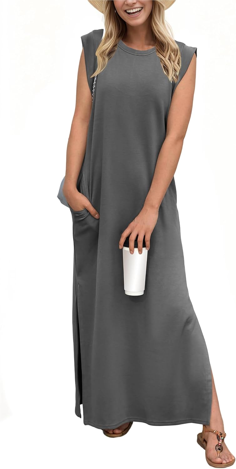 GRECERELLE 2026 Women Year-Round Casual Round Neck Loose Split Wrinkle-Free Long Maxi Vacation Dress with Pockets (XXS-4XL)