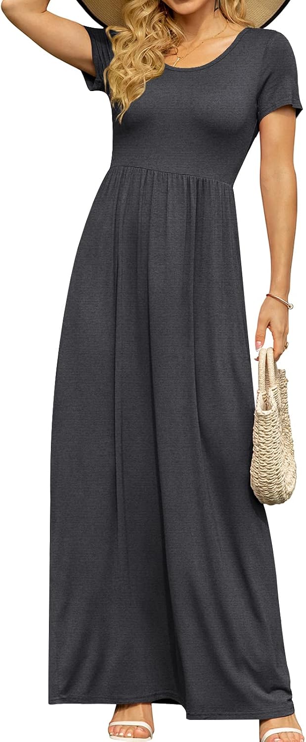 DB MOON Women's Summer Maxi Dress Casual Short Sleeve Empire Waist Pockets