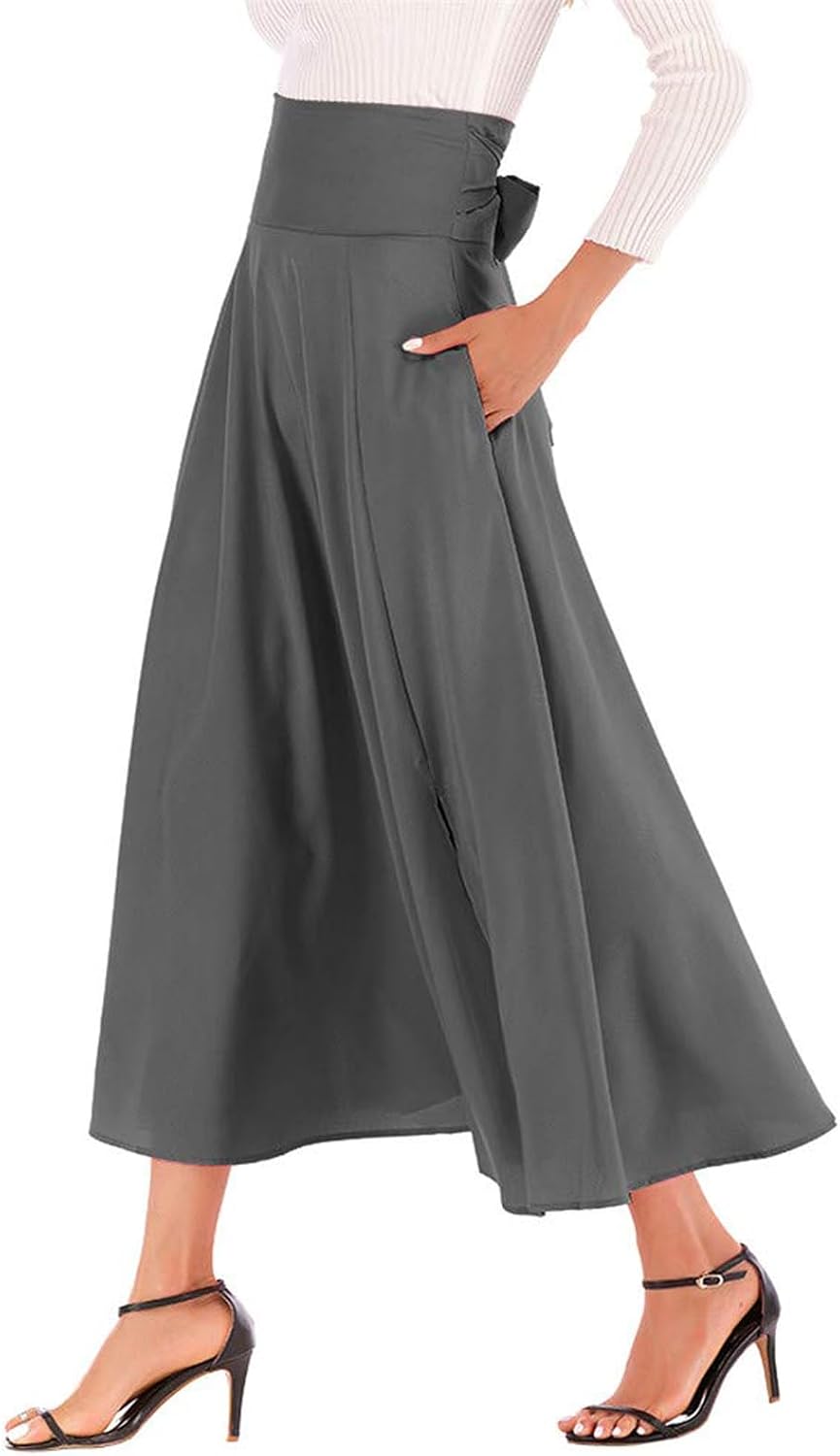 Women’s High Waist Pleated Maxi Skirt with Pockets, Solid Split Flowy Skirt