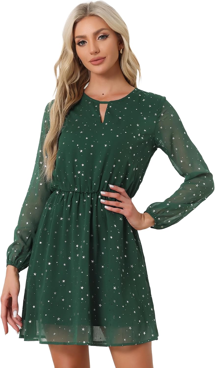 Allegra K Women Metallic Star Choker V Neck Party Flared A-Line Dress