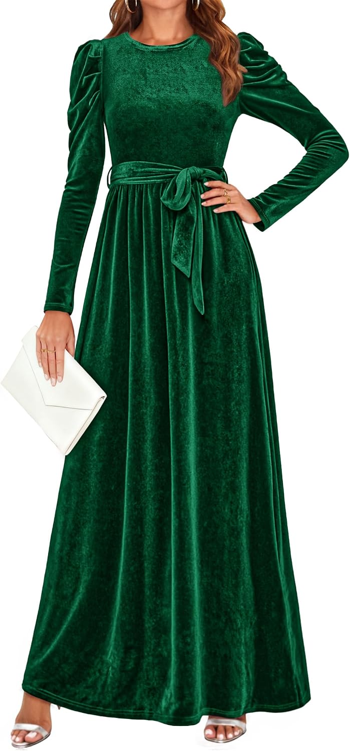 ZESICA Womens Winter Velvet Long Puff Sleeve Maxi Dress