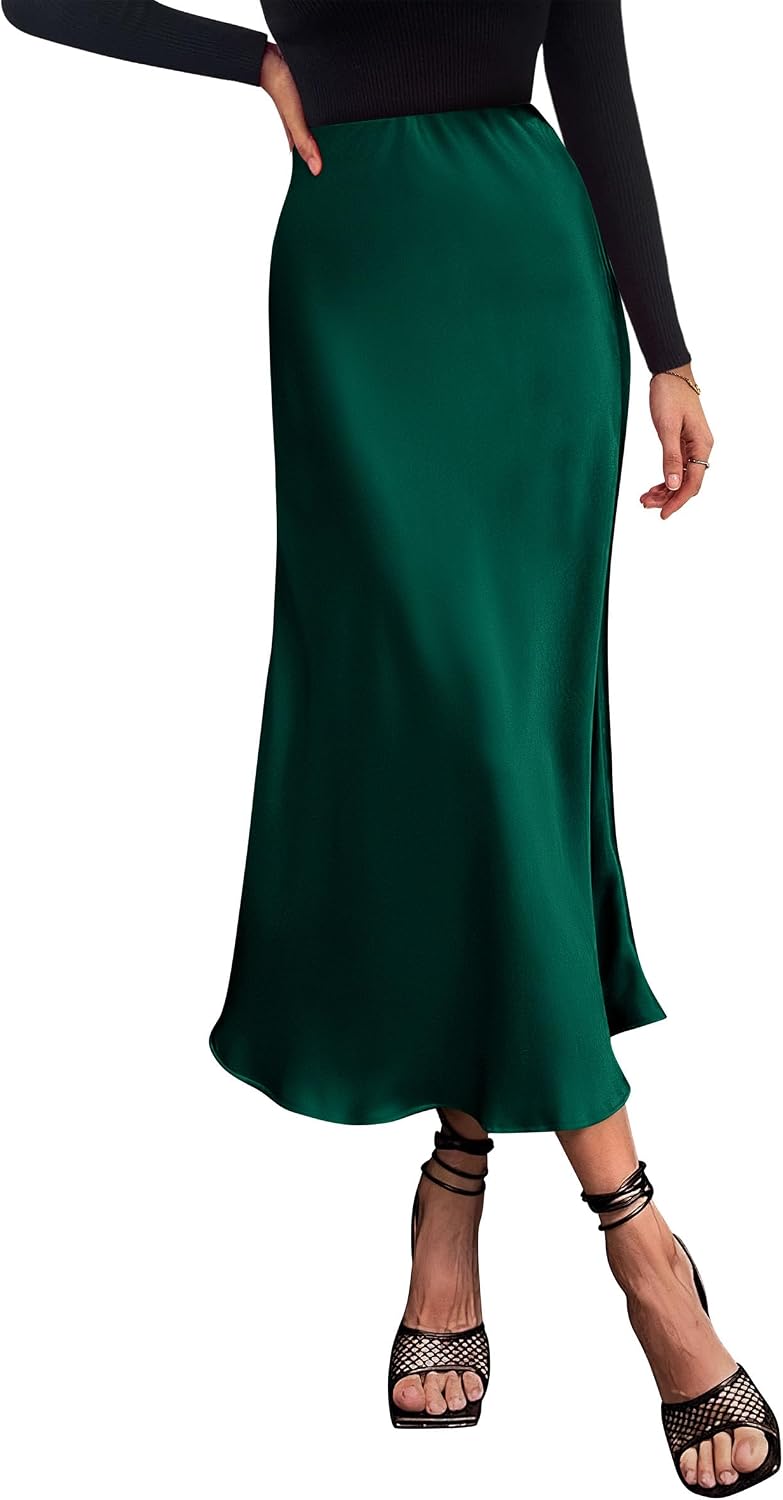 PRETTYGARDEN Women's Satin Midi Skirts Dressy Casual