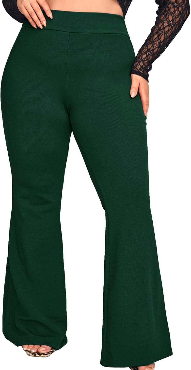 Wdirara Women's Plus Size Elastic High Waist Flare Bell Bottom Ribbed