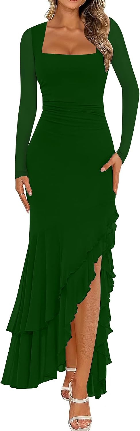BORIFLORS Women's Bodycon Fall Wedding Guest Long Sleeve Maxi Dress