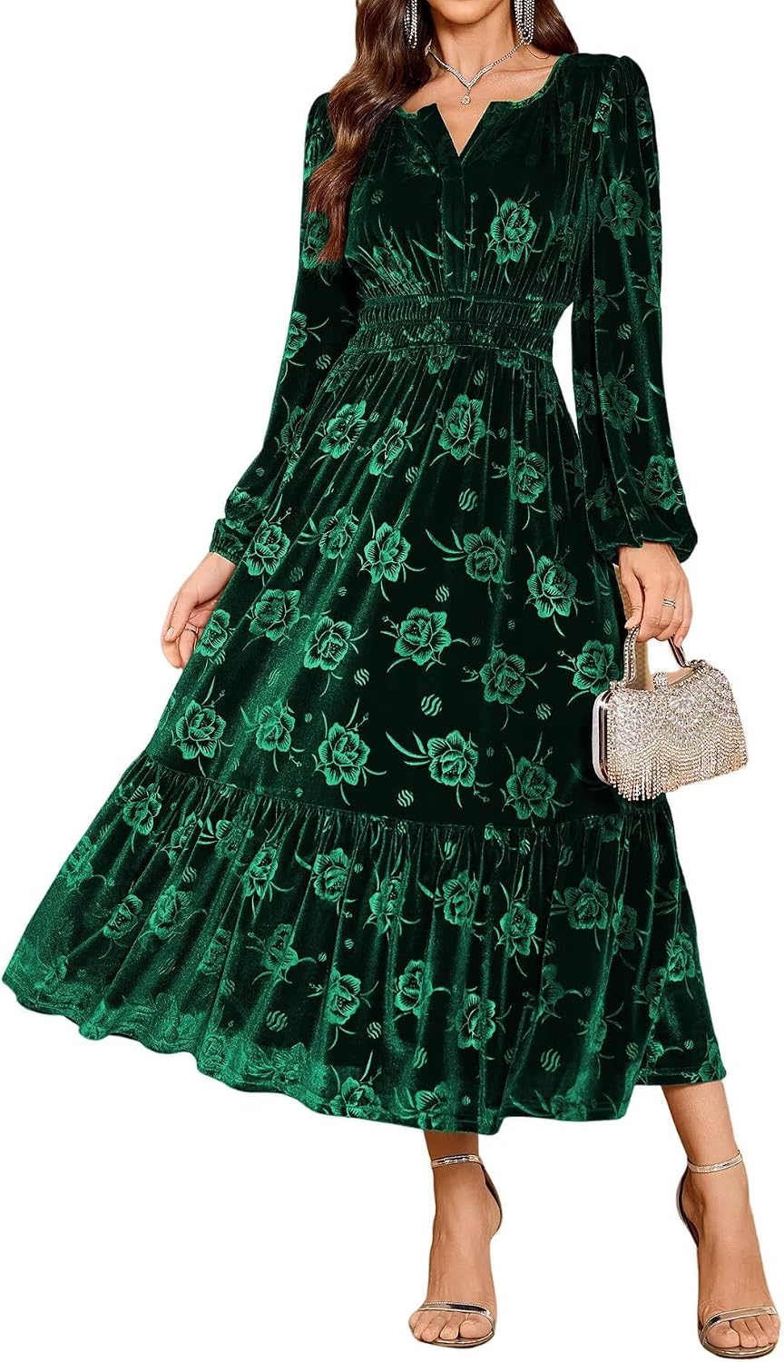 ZAFUL Womens Velvet Dress Long Sleeve Maxi Dresses Floral Smocked Waist