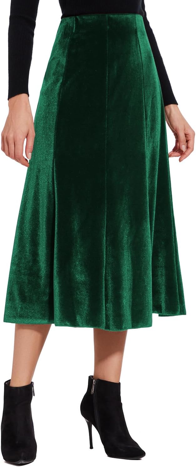 Women’s Elegant Vintage Velvet Midi Skirt Flowy 8-Panel Design