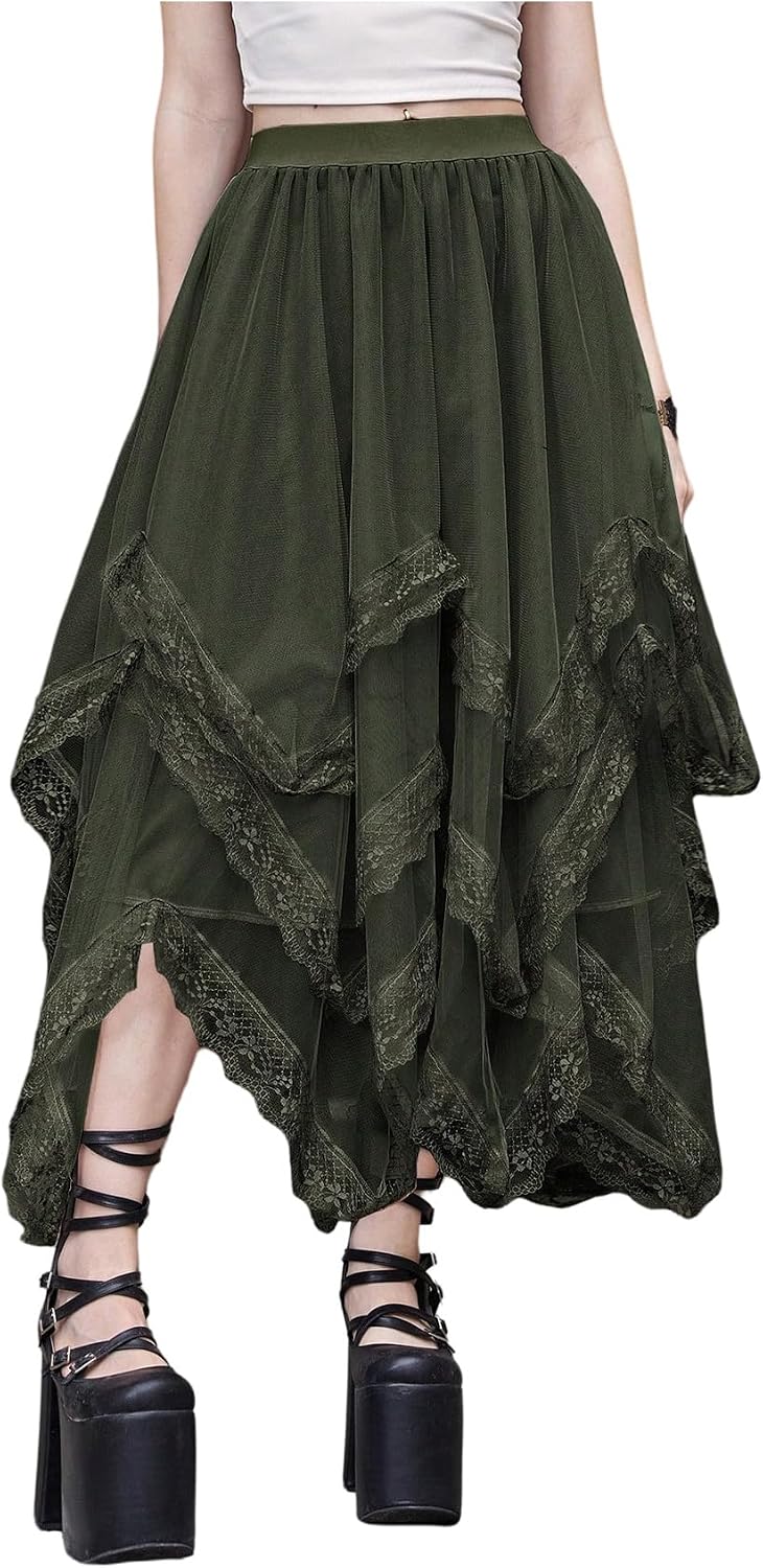 SHENHE Women's Lace Trim Layered Mesh Tulle Skirt Asymmetrical Goth Skirt