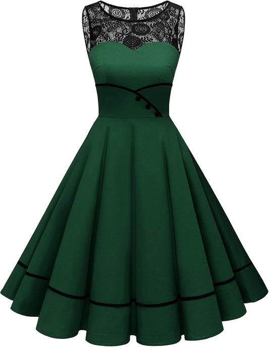 Bbonlinedress Women's 50s Vintage Floral Lace Retro Rockabilly Sleeveless Round Neck Cocktail Party Swing Dress