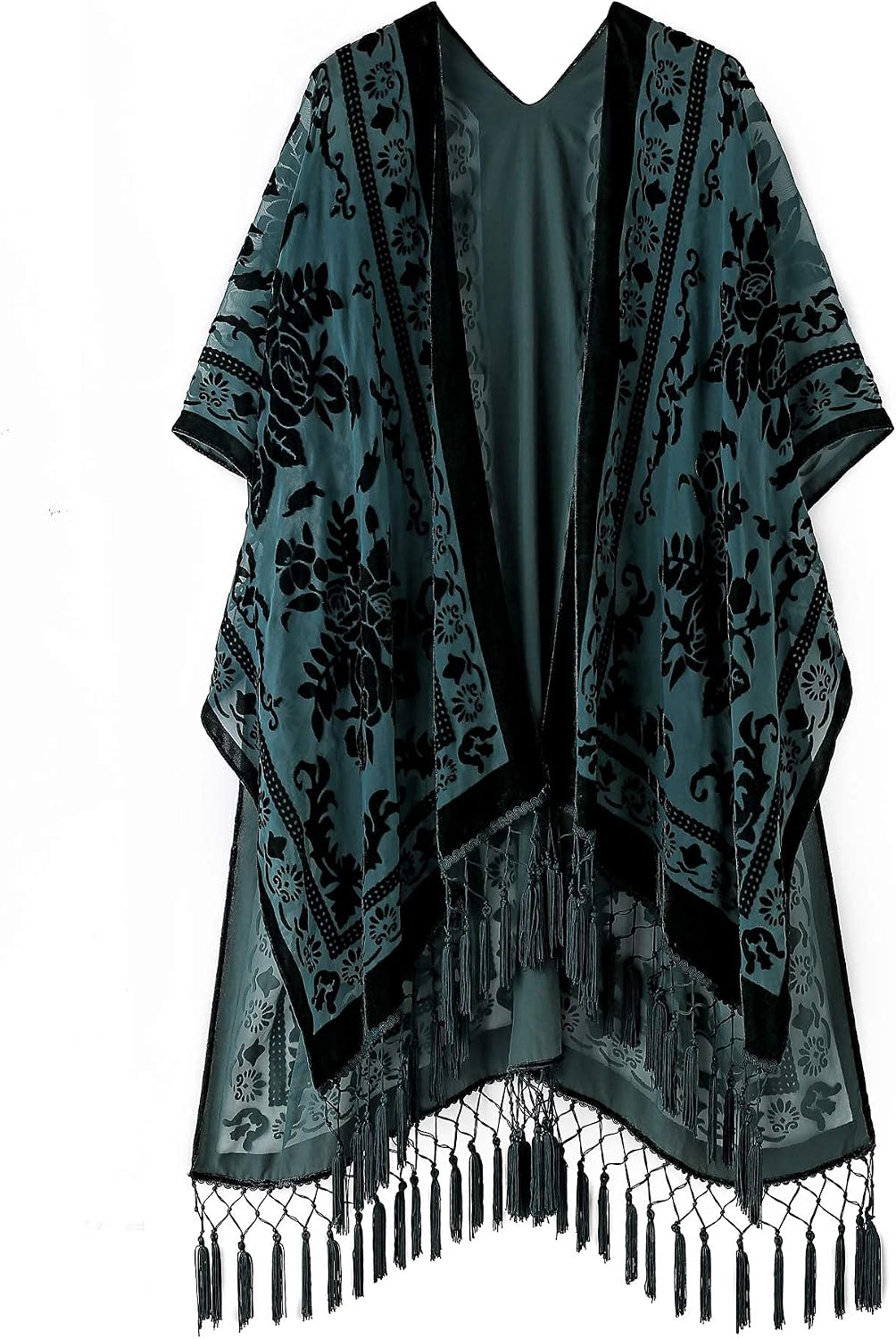 Women's Burnout Velvet Kimono Long Cardigan Cover Up With Tassel