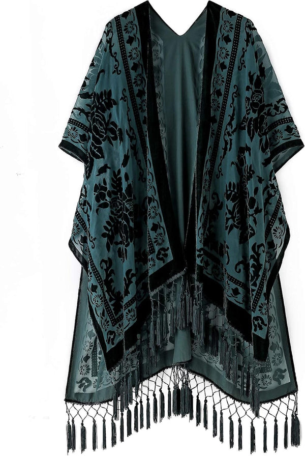 Women's Burnout Velvet Kimono Long Cardigan Cover Up With Tassel
