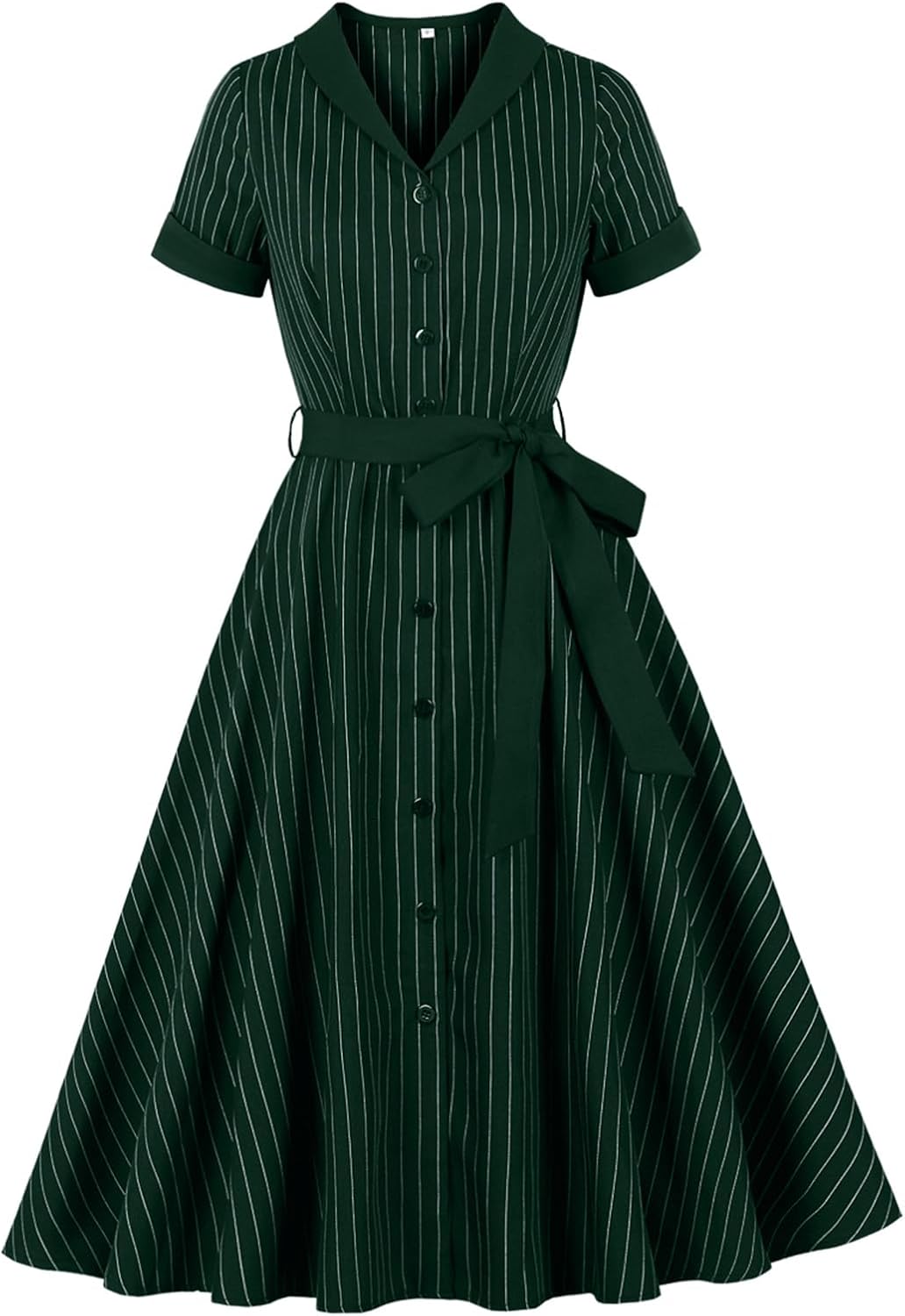 Women's 1950s Retro Striped Dress - Vintage Collared Button Down A Line Swing Dress with Removable Belt for Commuting Main image