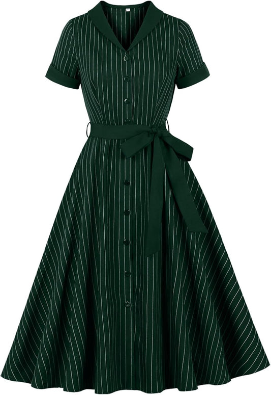 Women's 1950s Retro Striped Dress - Vintage Collared Button Down A Line Swing Dress with Removable Belt for Commuting