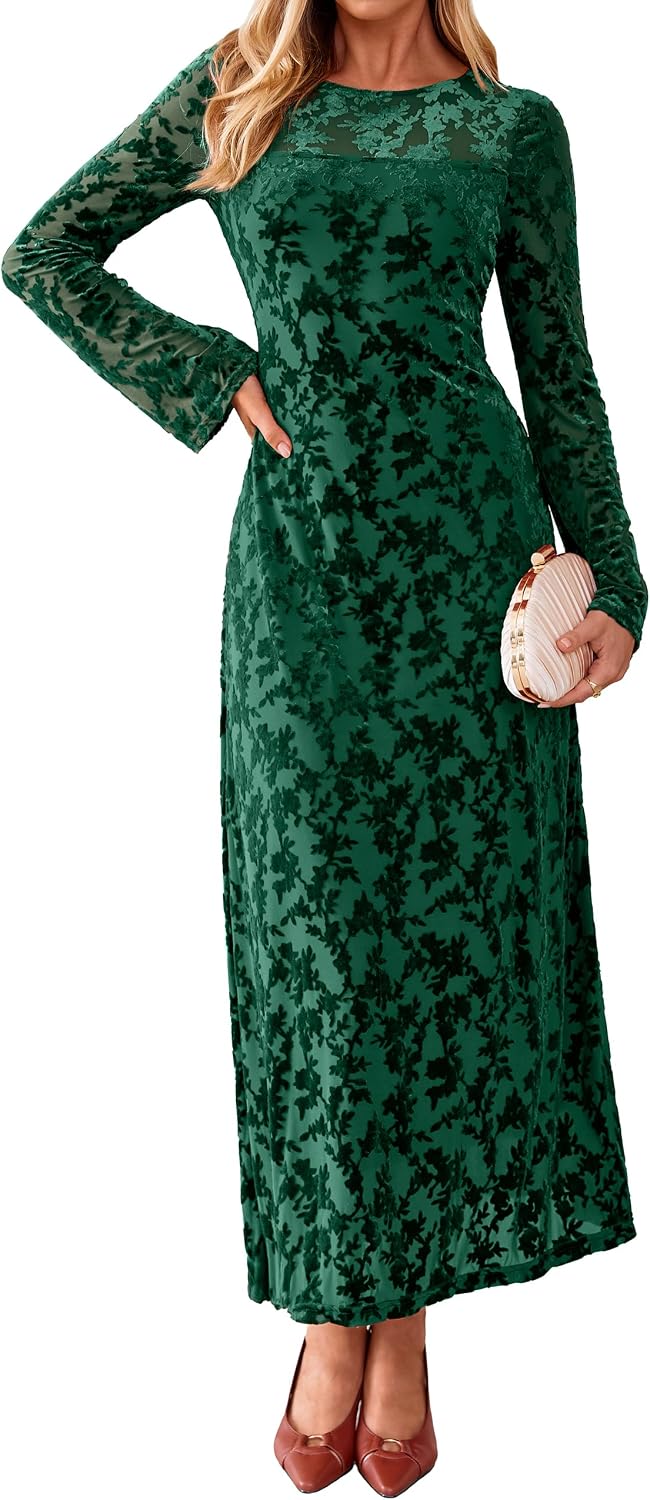 Simplee Womens Velvet Long Sleeve Fall Formal Wedding Guest Maxi Dress