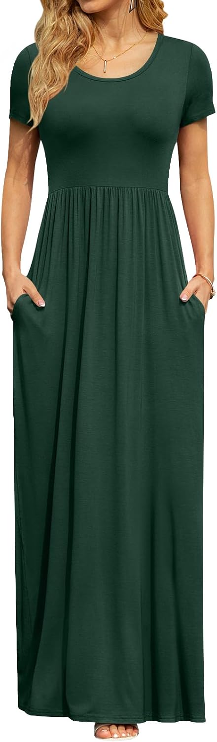 DB MOON Women's Summer Maxi Dress Casual Short Sleeve Empire Waist Pockets