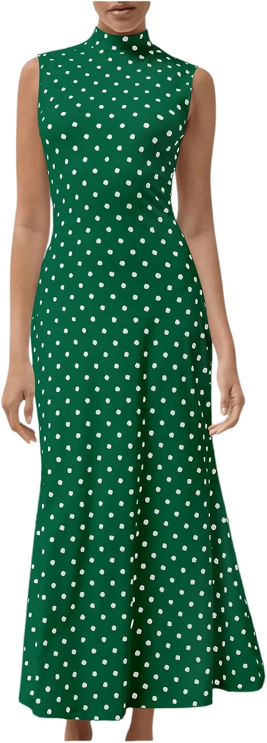 Milumia Women's Polka Dots Maxi Tank Dress Vintage Mock Neck Long Dresses