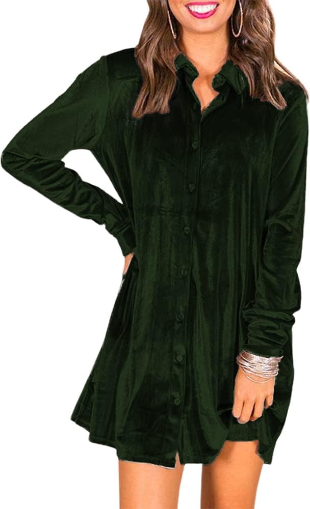 Caitefaso Womens Velvet Button Down T Shirts Swing Mini Dress Casual Long Sleeves Lapel Tunic Tops