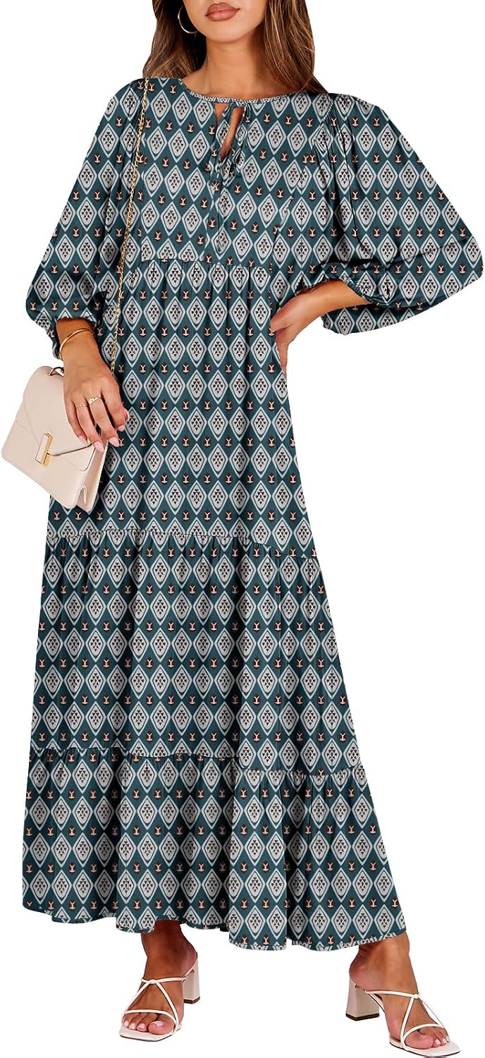 ANRABESS Womens Boho Floral 3/4 Puff Sleeve Maxi Dress