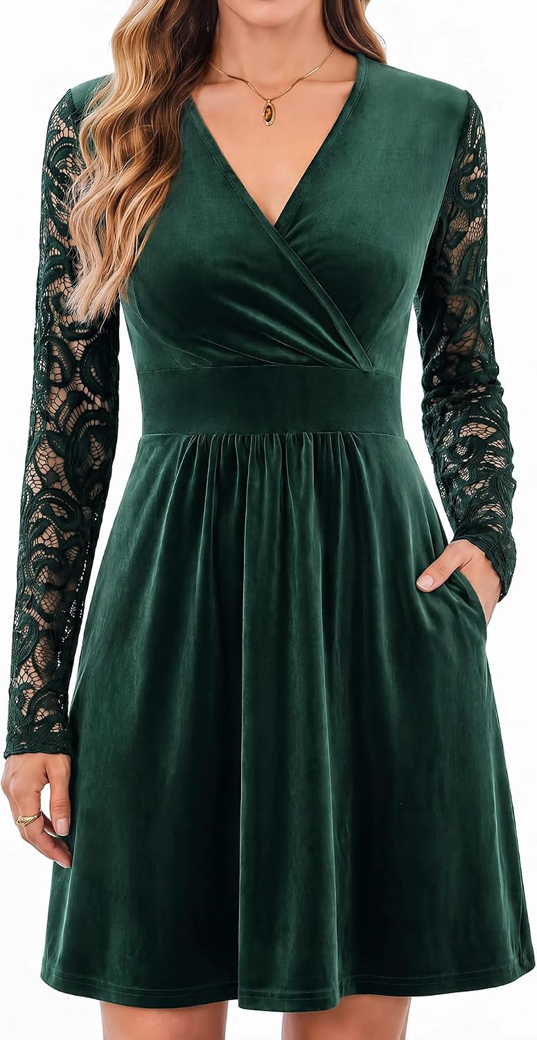 AUSELILY Velvet Dress for Women V Neck Lace Sleeve Wrap Dress