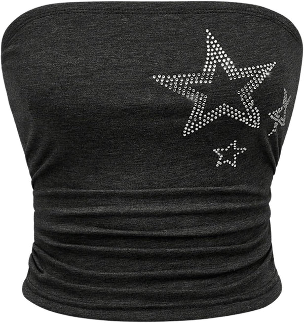 WDIRARA Women's Star Rhinestone Strapless Crop Tube Bandeau Top