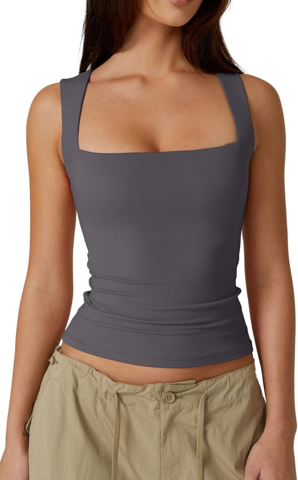QINSEN Women's Square Neck Sleeveless Double-Layer Tank Tops Basic Tight T Shirts