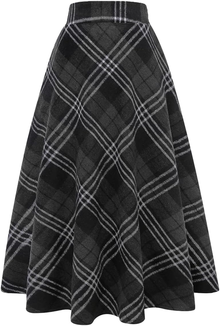 Long Plaid Wool Skirt for Womens Winter Fall Warm High Elastic Waist A line Flared Pleated Wool Tartan Skirts