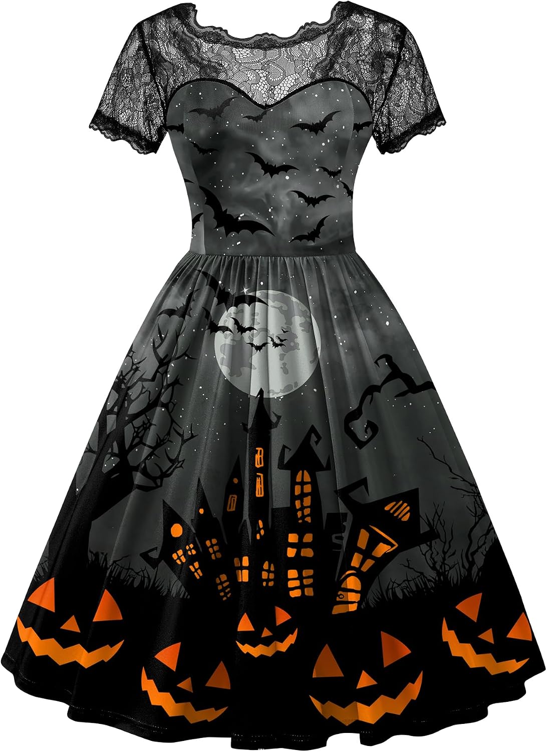 Women Halloween Party Costume Vintage Swing Lace Short Sleeve Witch Dress
