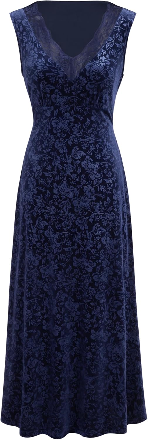 CIDER Fall Velvet Maxi Dress Women V Neck Lace Trim Sleeveless Dress