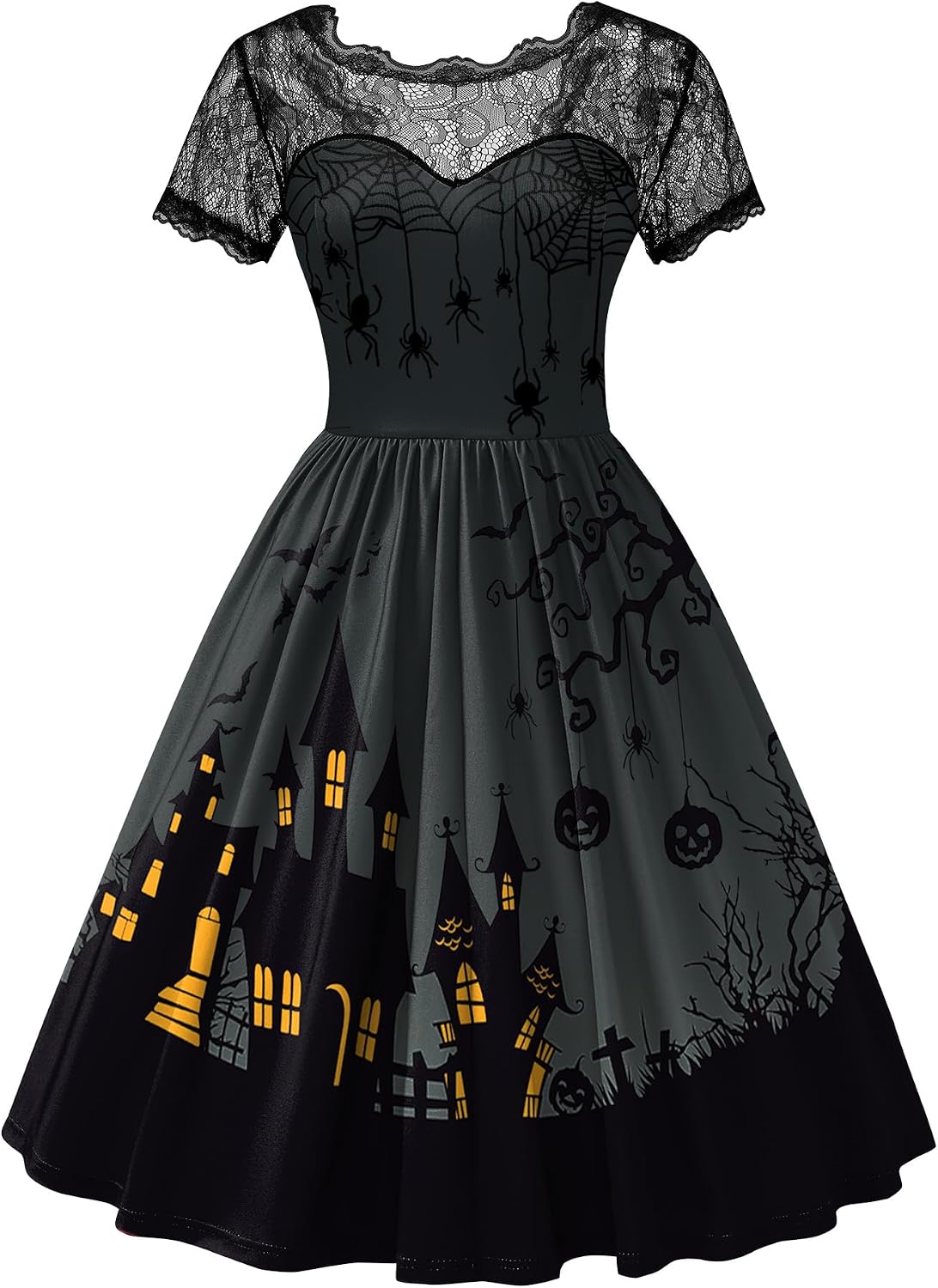 Women Halloween Party Costume Vintage Swing Lace Short Sleeve Witch Dress