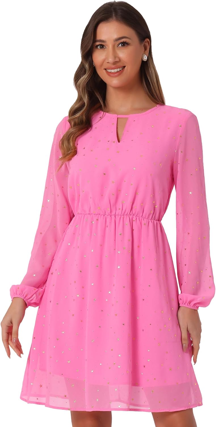 Allegra K Women Metallic Star Choker V Neck Party Flared A-Line Dress