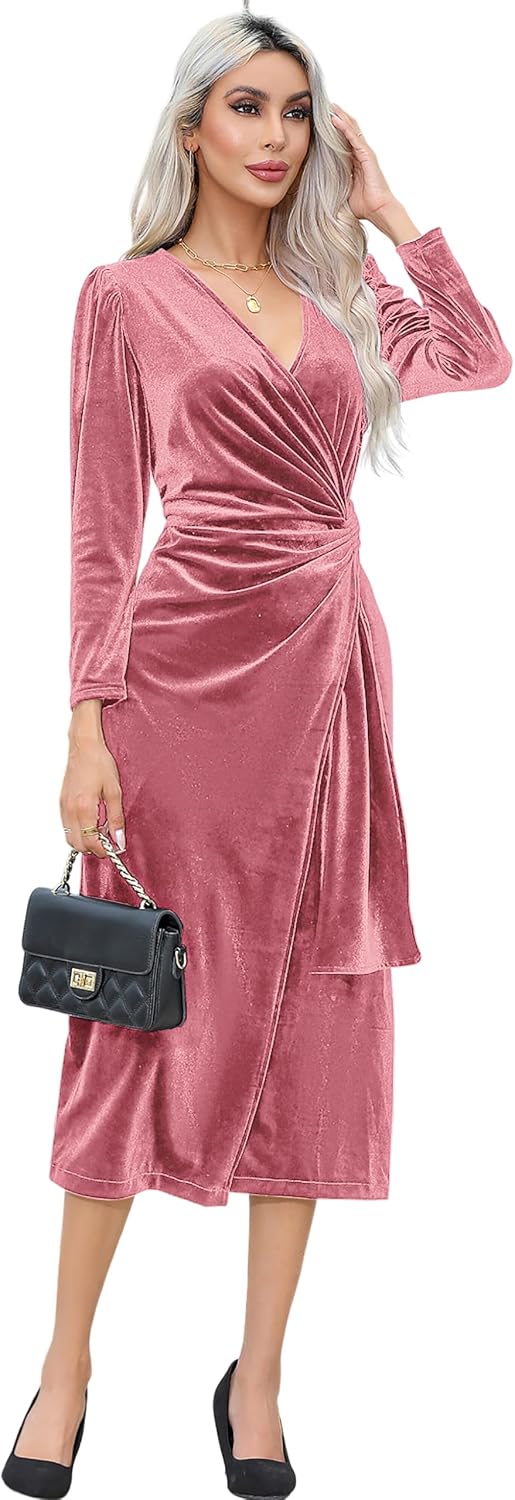 R.Vivimos Women's Velvet Wrap Fall Winter Elegant Midi Dress