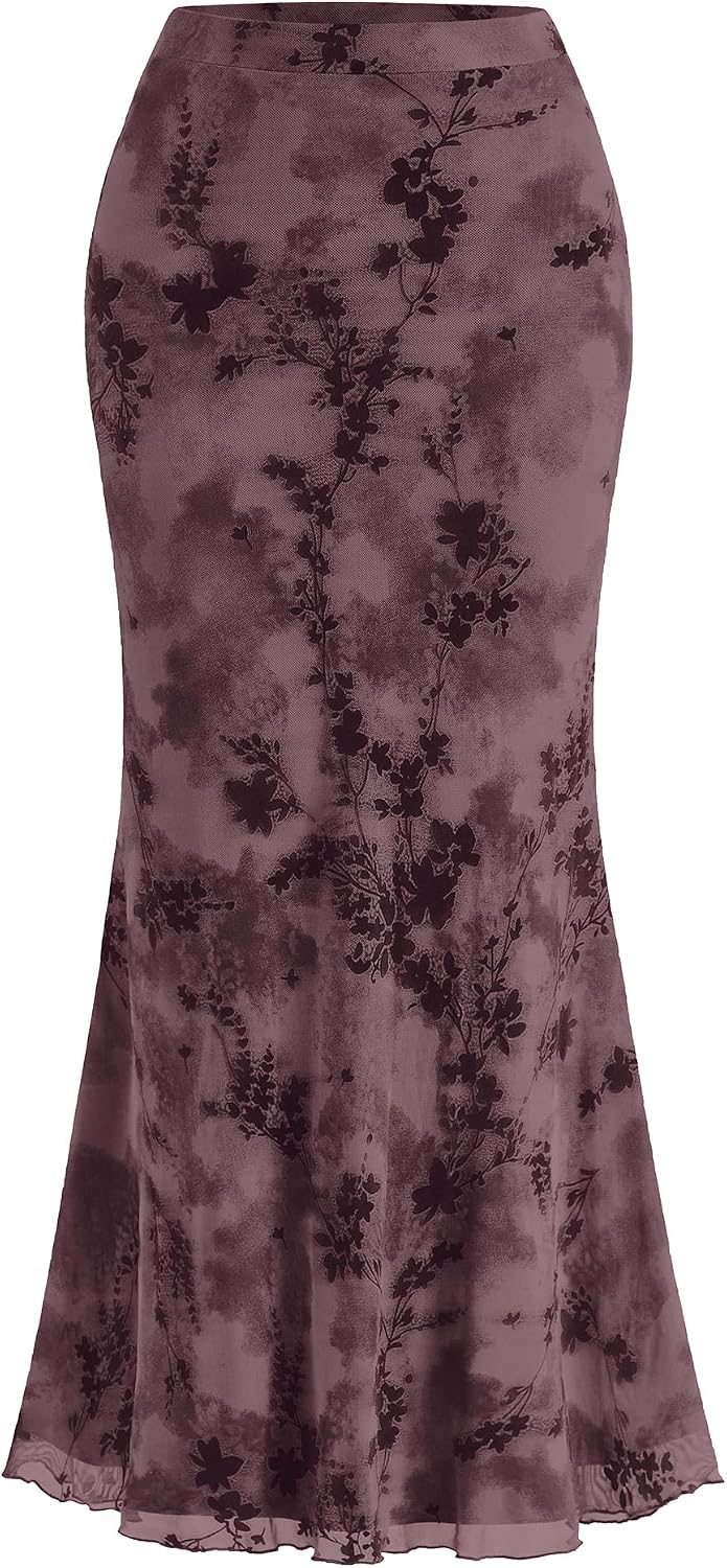 BTFBM Womens Floral Mesh Maxi Skirts