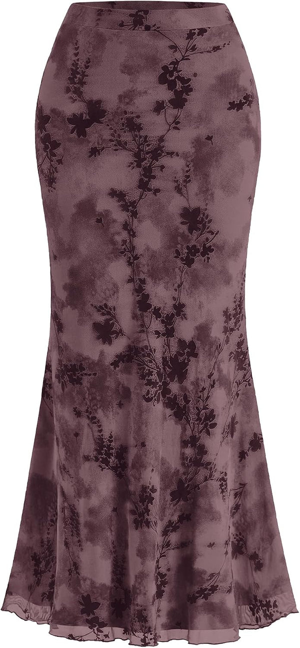 BTFBM Womens Floral Mesh Maxi Skirts