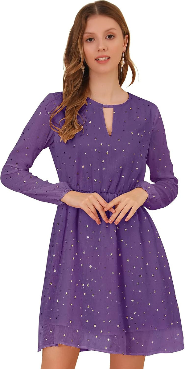 Allegra K Women Metallic Star Choker V Neck Party Flared A-Line Dress