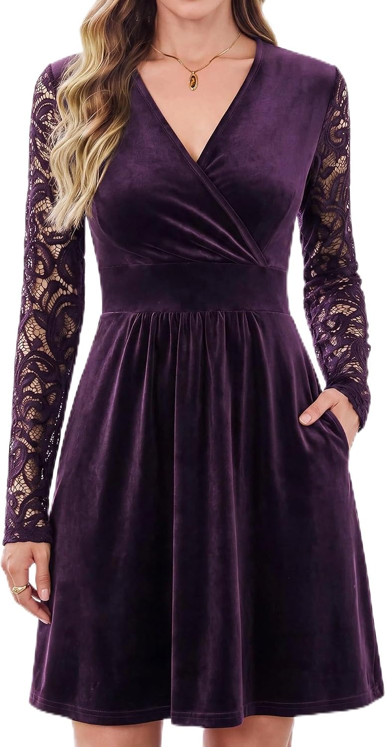 AUSELILY Velvet Dress for Women V Neck Lace Sleeve Wrap Dress