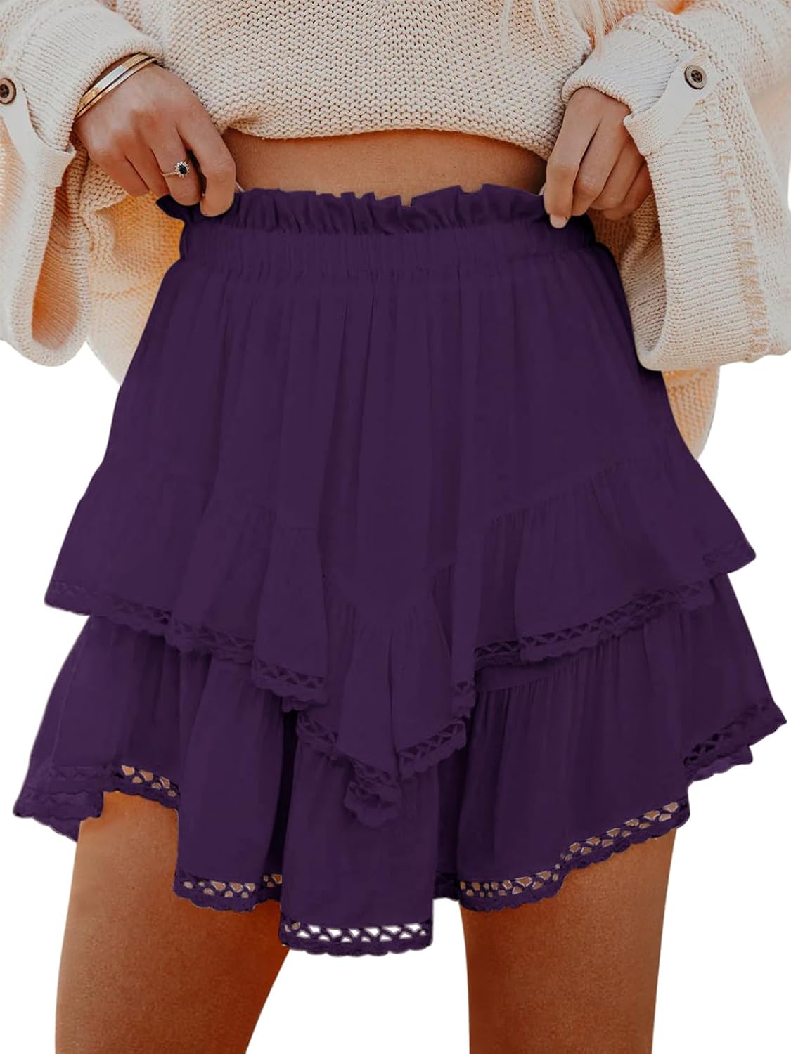 Flowy Shorts for Women Casual Boho Ruffle Tiered Skorts High Waist Mini Skirts Golf Tennis Crochet Shorts