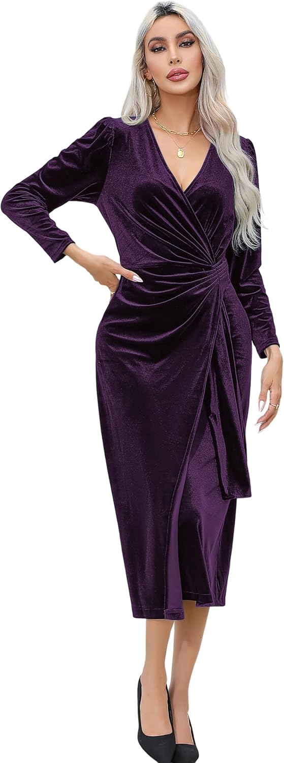R.Vivimos Women's Velvet Wrap Fall Winter Elegant Midi Dress