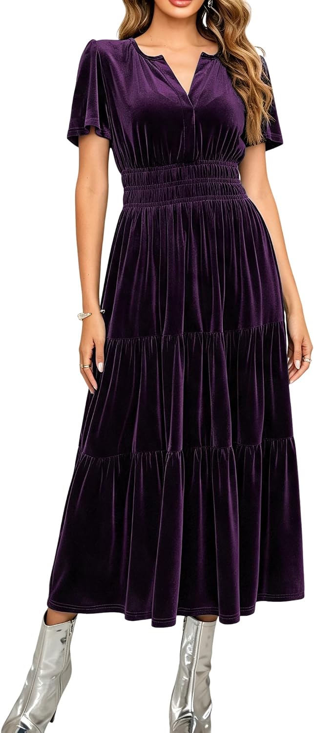R.Vivimos Womens Fall Winter Velvet Elastic Waist Maxi Dress