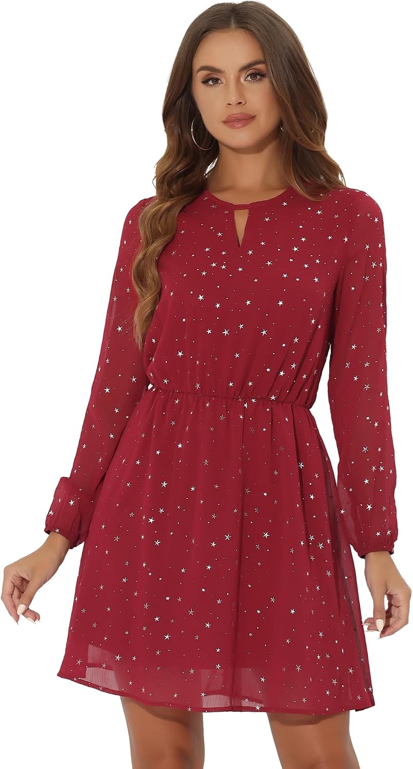 Allegra K Women Metallic Star Choker V Neck Party Flared A-Line Dress