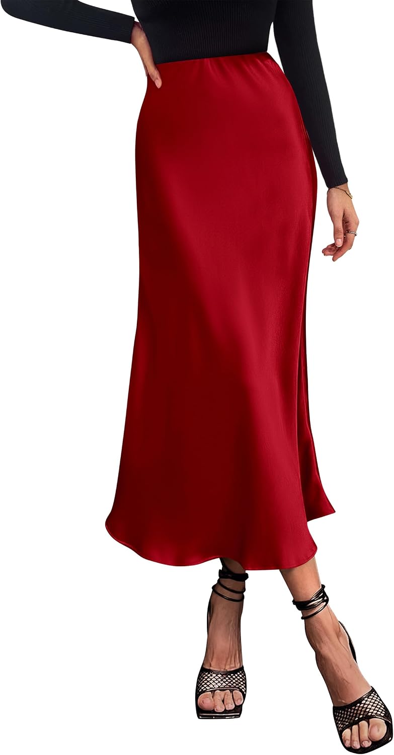 PRETTYGARDEN Women's Satin Midi Skirts Dressy Casual