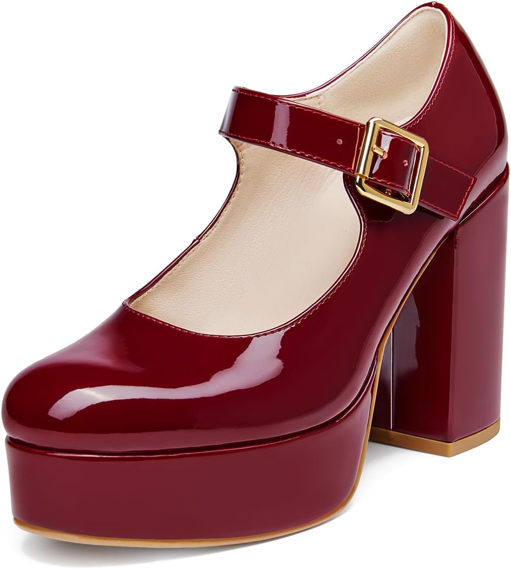 Coutgo Womens' T-Strap Round Toe Chunky Platform Heels Patent Mary Jane Dress Shoes