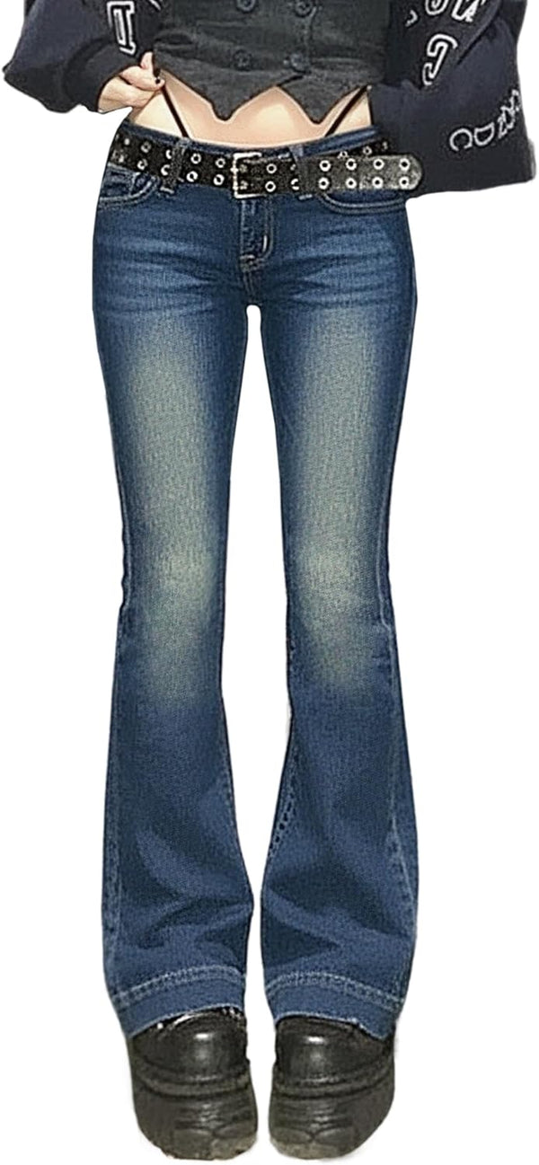 Women Bell Bottom Jeans Stretchy Flare Mid Rise Embroidery Vintage