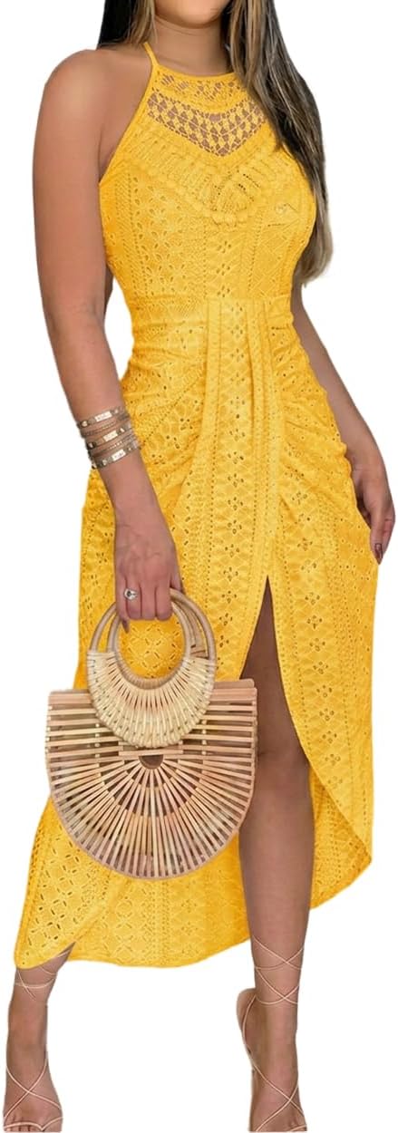 CHICME Womens Summer Halter Dress Hollow Out A Line Vacation Dress