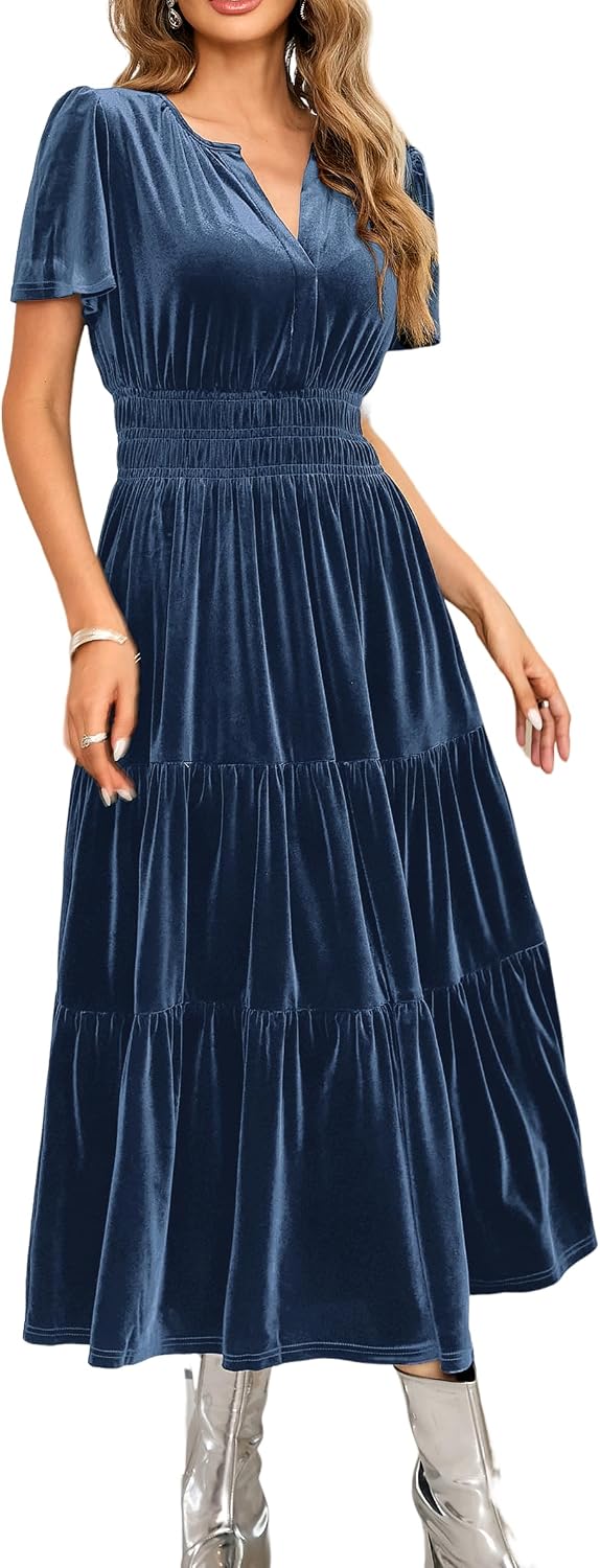 R.Vivimos Womens Fall Winter Velvet Elastic Waist Maxi Dress