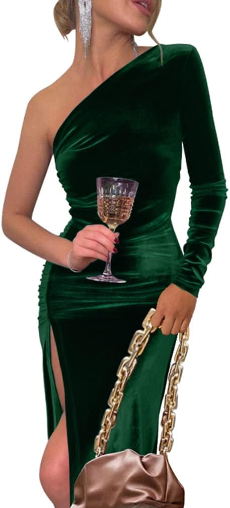 YMDUCH Women's One Shoulder Long Sleeve Ruched Slit Party Dress