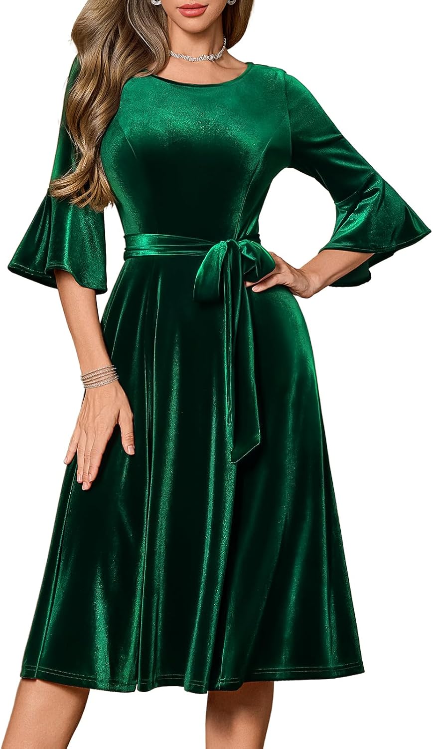 HomRain Long Sleeve Midi Velvet Dress for Women Vintage Christmas Dresses