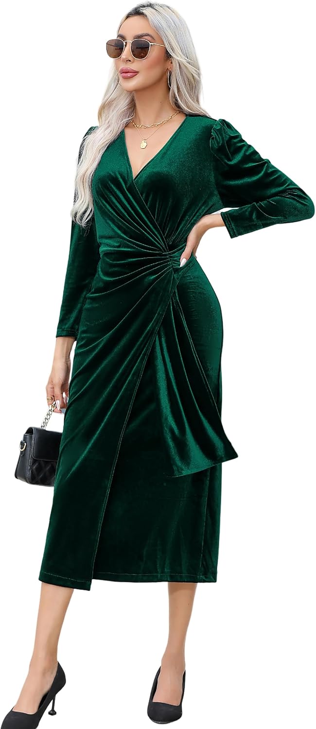 R.Vivimos Women's Velvet Wrap Fall Winter Elegant Midi Dress