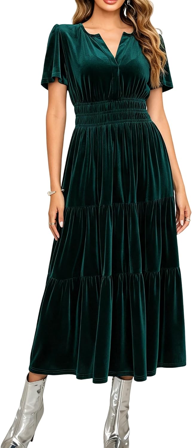 R.Vivimos Womens Fall Winter Velvet Elastic Waist Maxi Dress