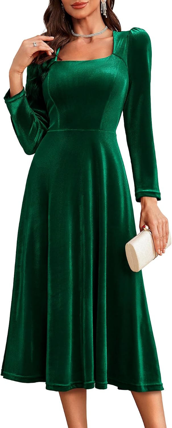 BeryLove Women Velvet Dress Cocktail Party Evening Dresses Long Sleeve Wedding Guest Formal Dresses