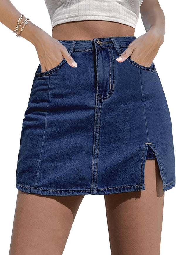 luvamia Jean Skort Women High Waisted Stretchy Denim Mini Skirt Side Slit